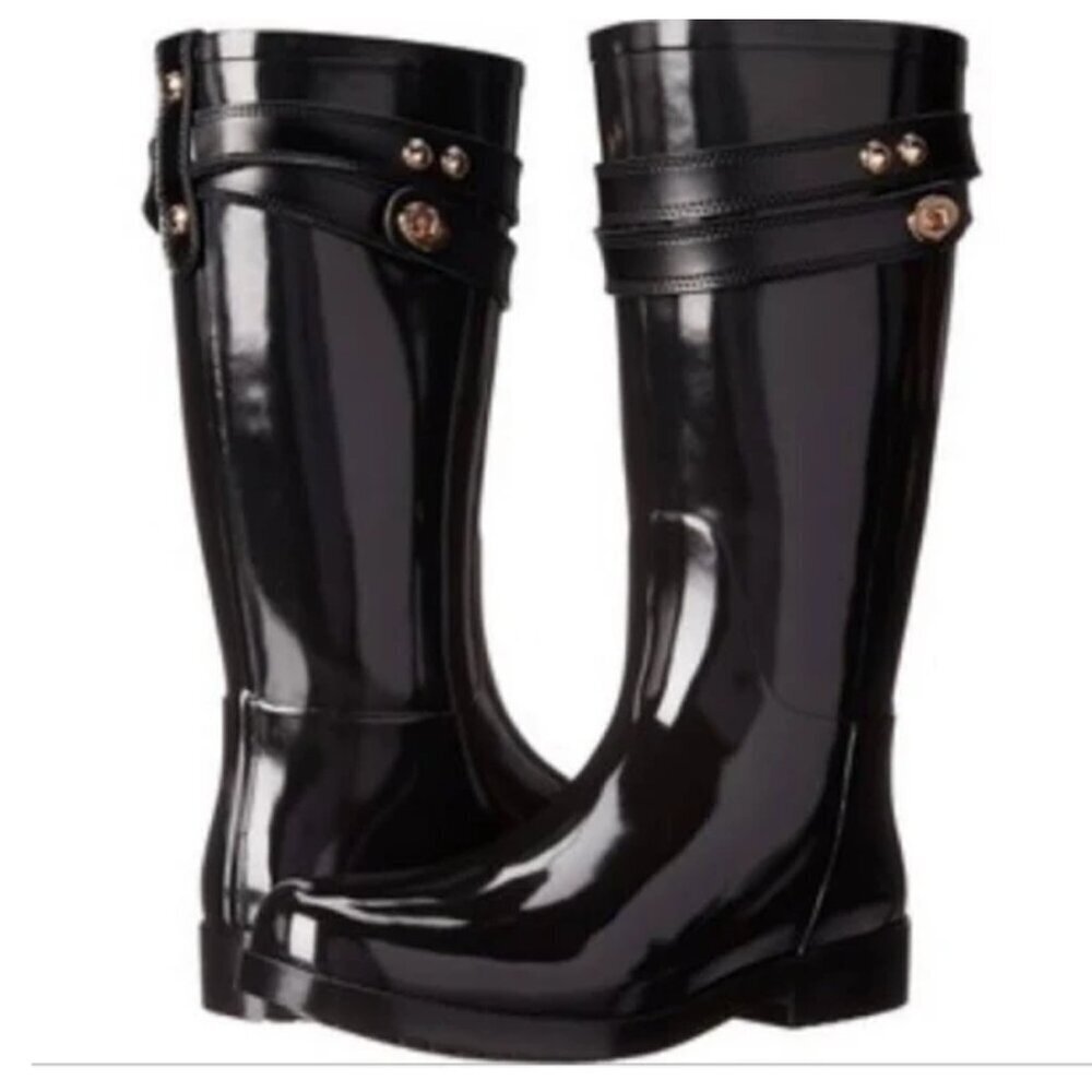 Coach Talia Rain Boots Black Glossy Knee High Rubber Riding Boots Women’s Size 7